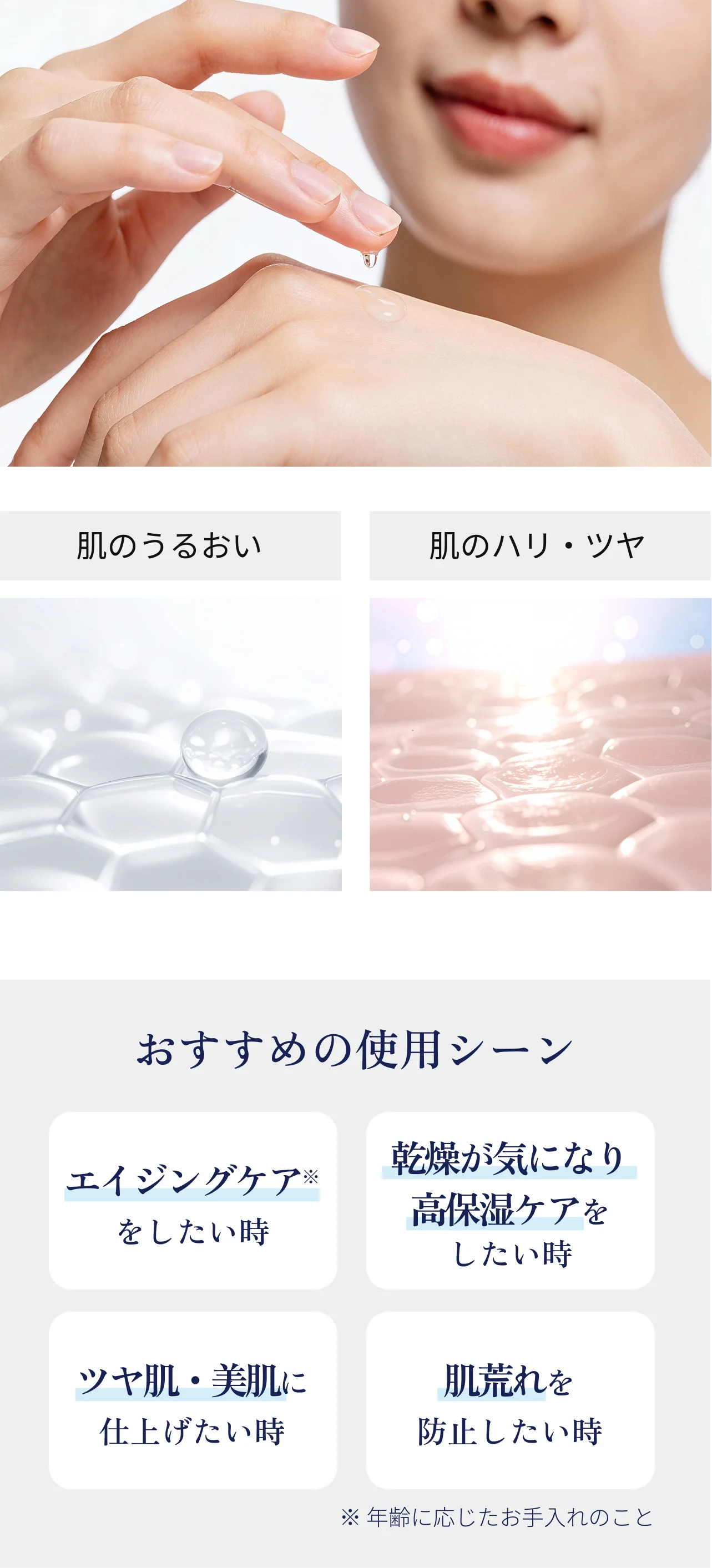 肌のうるおい・肌のハリツヤの比較、おすすめの使用シーン（エイジングケアをしたい時／乾燥が気になり高保湿ケアをしたい時／ツヤ肌・美肌に仕上げたい時／肌荒れを防止したい時）